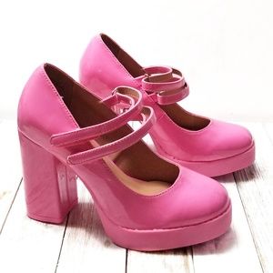Pink Patent Mary Jane Platform Chunky Heel Pumps